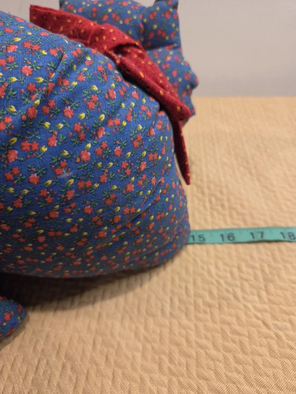 Vintage Handmade Cottagecore Blue Floral Cat Plush Doorstopper